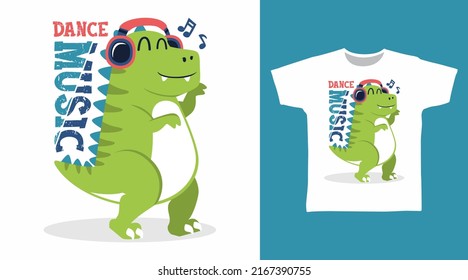 Dinosaur with headphone cartoon tshirt and apparel design