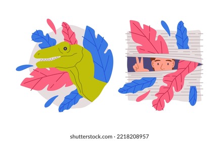 Dinosaur hiding in bushes. Woman looking through blinds cartoon vector illustration