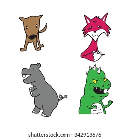 Dinosaur hippo fox and dog cartoon drawing