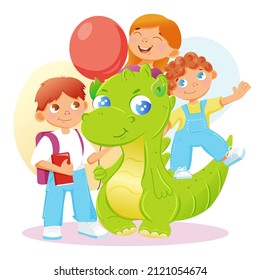 dinosaur holding balloon around joyful kids