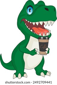 A dinosaur holding a cup of coffee