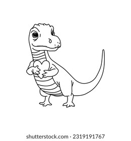 Dinosaur holding love symbol. Black and white dinosaur coloring.