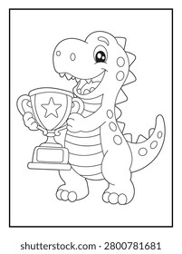  Dinosaur Holding Trophy Coloring Page for Kids. Simple Printable Cartoon Winner Illustration