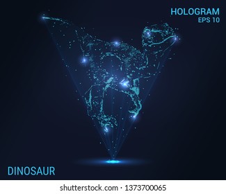 Dinosaur hologram. Holographic projection of a dinosaur. Flickering energy flux of particles. Scientific dinosaur design