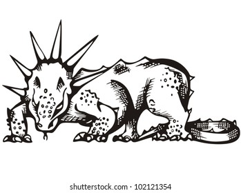 Dinosaur with horned mane. Black and white vector illustration