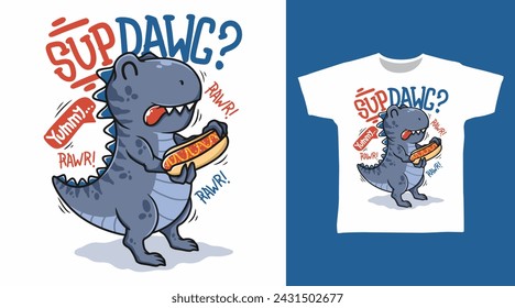 Dinosaur with Hotdog t shirt art fashion designs.