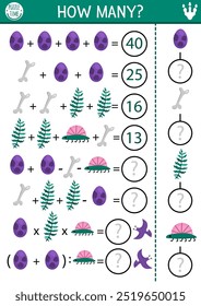 Dinosaur how many game, equation or rebus. Prehistoric math activity for school children. Simple printable counting worksheet for kids with bone, egg, fern, little dino
