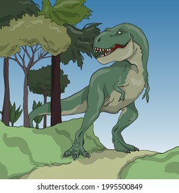 Dinosaur huge Tirex near the trees. Vector graphics.