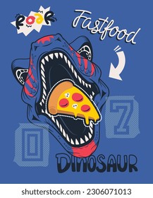 Dinosaurio hambriento de porción de pizza aislado en el vector de ilustración de fondo azul, Para impresiones de camisetas y otros usos.