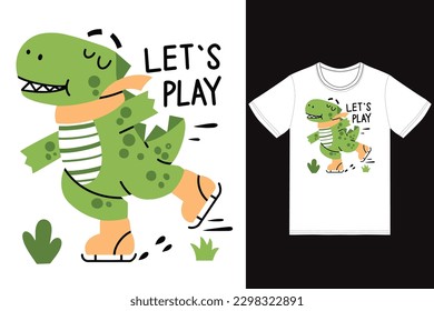 Dinosaur ice skating illustration with tshirt design premium vector the Concept of Isolated Technology. Flat Cartoon Style Suitable for Landing Web Pages,T shirt, Flyers, Stickers