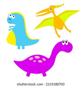 Dinosaur icon set. Dino baby character. Cute cartoon funny kawaii baby animal. Colorful sticker. Flat design. Violet and pink color. White background. Isolated. Vector illustration