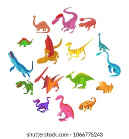 Dinosaur icons set. Cartoon illustration of 16 dinosaur types vector icons for web