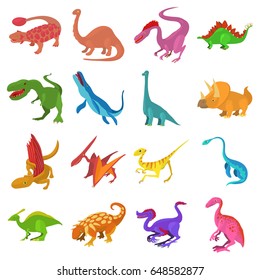 Dinosaur icons set. Cartoon illustration of 16 dinosaur types vector icons for web