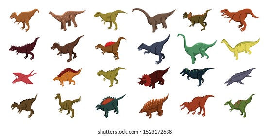 Dinosaur icons set. Isometric set of dinosaur vector icons for web design isolated on white background