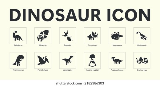 The Dinosaur icons set. Vector illustration isolated on background. Dinosaurs minimalistic icons. Collection of ancient icons.