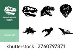 Dinosaur icons. Skull, T rex, Triceratops, Stegosaurus, claw, Pterodactyl. Vector set.