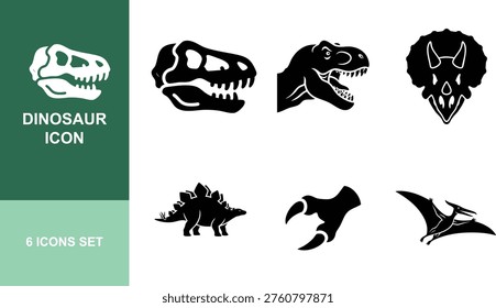 Dinosaur icons. Skull, T rex, Triceratops, Stegosaurus, claw, Pterodactyl. Vector set.