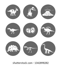 Dinosaur icons vector. Dinosaur egg and volcano, dinosaur skeleton and tyrannosaurus silhouettes icon. Illustration of silhouette round icons with prehistorical animals