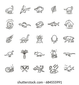 Dinosauriersymbole Vektorillustration. Dinosaurierei und Vulkan, Dinosaurierskelett und Tyrannosaurus-Symbole