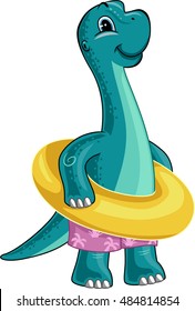 Dinosaur Illustration of a Baby Brontosaurus with a Life Buoy Wrapped Around its Waist