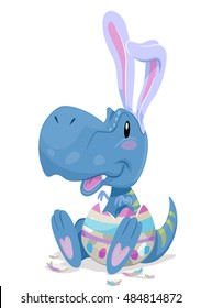 Dinosaur Illustration of a Baby Tyrannosaur in Bunny Ears Hatching from an Easter Egg