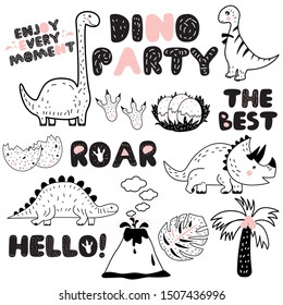 Dinosaur illustration in black and white with pink tones. Baby girl nursery decor. Dinosaur party decorations for girls.