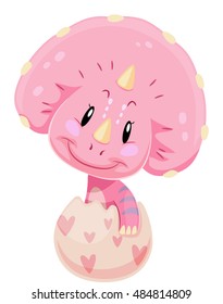 Dinosaur Illustration of a Cute Pink Baby Triceratops Hatching from an Egg Decorated with Hearts