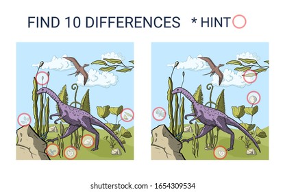 Dinosaur illustration. Find 10 differences. Educational funny game for children. Puzzle for children, kid. Print and play. Cartoon vector illustration.