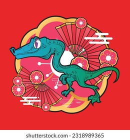 dinosaur illustration with japanese style for kaijune event, notebook, logo