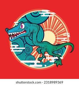 dinosaur illustration with japanese style for kaijune event, notebook, logo