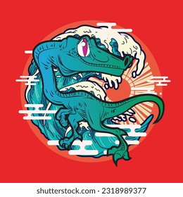 dinosaur illustration with japanese style for kaijune event, notebook, logo