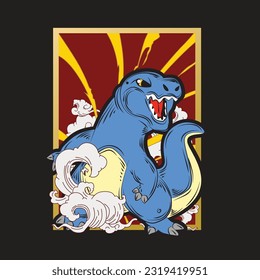 dinosaur illustration with japanese style for kaijune event, notebook, logo