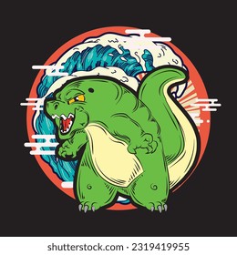 dinosaur illustration with japanese style for kaijune event, notebook, logo