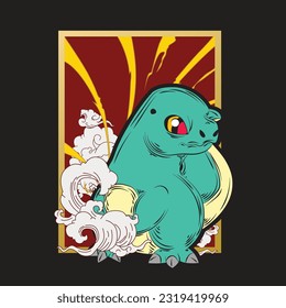 dinosaur illustration with japanese style for kaijune event, notebook, logo