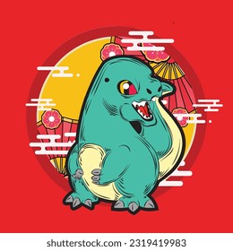dinosaur illustration with japanese style for kaijune event, notebook, logo