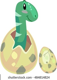 Dinosaur Illustration of a Newly Hatched Baby Brontosaurus Looking on as Another Egg Hatches