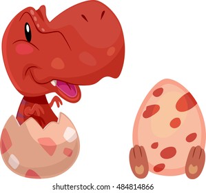 Dinosaur Illustration of a Newly Hatched Baby Tyrannosaur Looking on as Another Egg Hatches