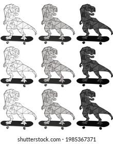 Dinosaur Illustration. Set of polygonal low poly T rex on isolated white background. T rex skateboarding  Illustration.