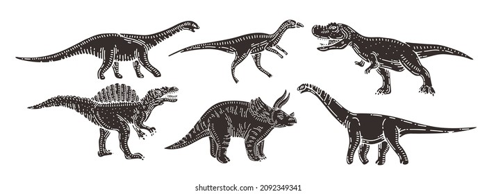 dinosaur illustrations hand drawn vector set. prehistoric extinct mammals, isolated doodles on white background for graphic design