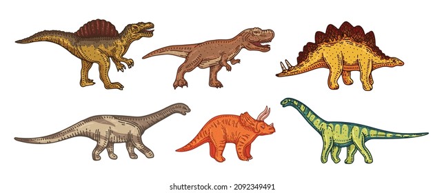 dinosaur illustrations hand drawn vector set. prehistoric extinct mammals, isolated doodles on white background for graphic design