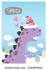 Dinosaur image design wearing hat smiling in winter.