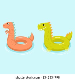 Dinosaur inflatable swimming pool floats. Vector illustrations.