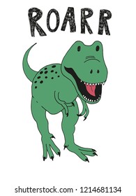 Dinosaurio con inscripción: "Roarr" aislado en segundo plano. Ilustración vectorial para pantalones en T, textiles, carteles, carteles, arte mural, denim, tazas, cubiertas, motivos, estuches de teléfono, tarjetas y otros