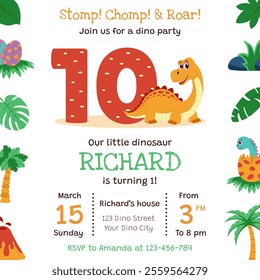Dinosaur invitation. Birthday party invitation card with dinosaur and birthday anniversary number.