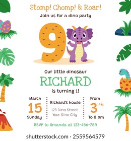 Dinosaur invitation. Birthday party invitation card with dinosaur and birthday anniversary number.