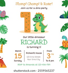 Dinosaur invitation. Birthday party invitation card with dinosaur and birthday anniversary number.