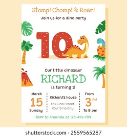Dinosaur invitation. Birthday party invitation card with dinosaur and birthday anniversary number.