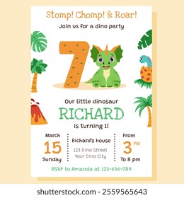 Dinosaur invitation. Birthday party invitation card with dinosaur and birthday anniversary number.