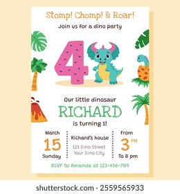 Dinosaur invitation. Birthday party invitation card with dinosaur and birthday anniversary number.