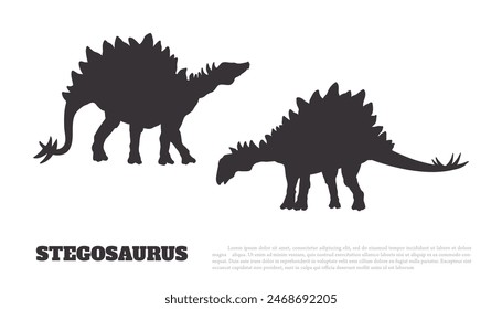 Dinosaur isolated silhouette. Black drawing of stegosaurus. Wild animal of the Jurassic period. Printed image of an ancient reptile. Prehistoric monster icon. Vector illustration